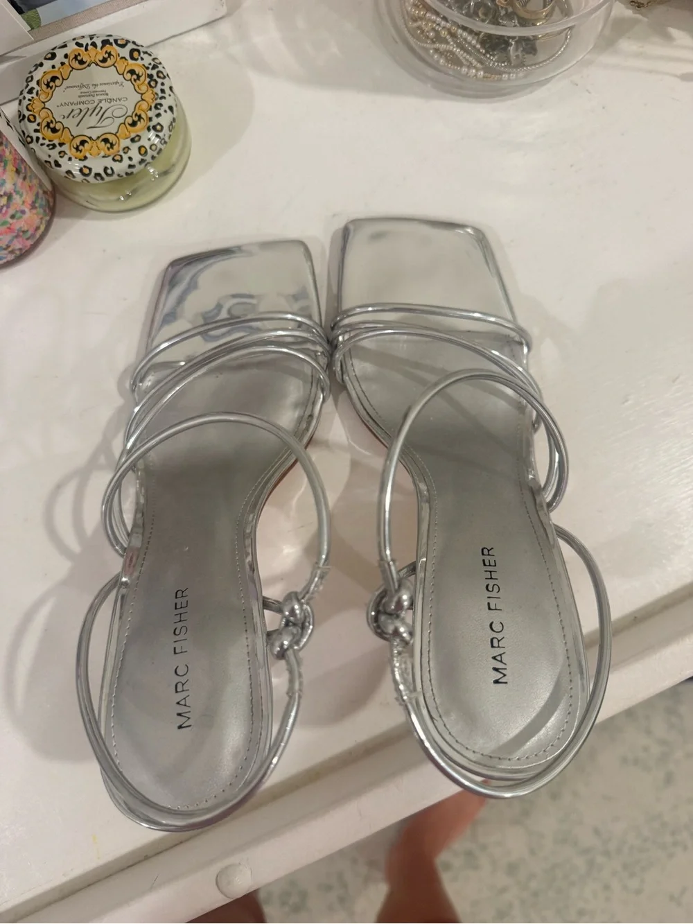 Marc Fisher Metallic Silver Strappy Square-Toe Heels